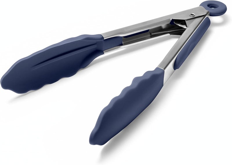 Doosu Kitchen Tongs for Cooking - 600°F Heat Resistant Food Tong with Non-Scratch Silicone Tips, Heavy Duty Stainless Steel Locking Tong for BBQ, Grilling Steak, Serving Salad Pasta (7in, Navy Blue) - Image 1